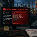 Компьютерный экран с предупреждением о кибератаке Lotus Wiper в офисе.