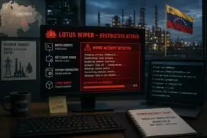 Інтерфейс комп'ютера з попередженням про кібератаку Lotus Wiper в офісі.