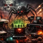 Dark cyberpunk scene featuring a menacing robotic spider and eerie silhouettes.