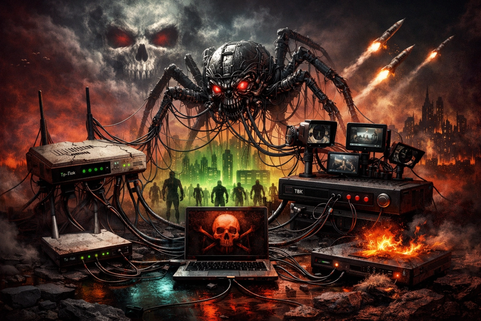 Dark cyberpunk scene featuring a menacing robotic spider and eerie silhouettes.