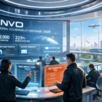 Team analyzing cybersecurity data in a futuristic control room with cityscape views.