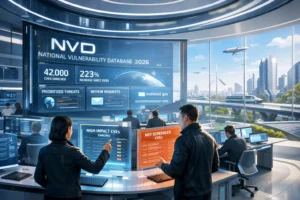 Team analyzing cybersecurity data in a futuristic control room with cityscape views.