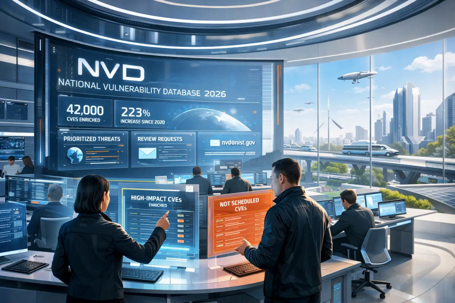 Oficina futurista con analistas revisando datos de vulnerabilidad cibernética.