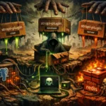 Dark digital landscape featuring a hooded figure and technology-themed plugin boxes.