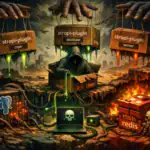 ** Escena oscura con un hacker y cajas que simbolizan plugins en un entorno tecnológico.