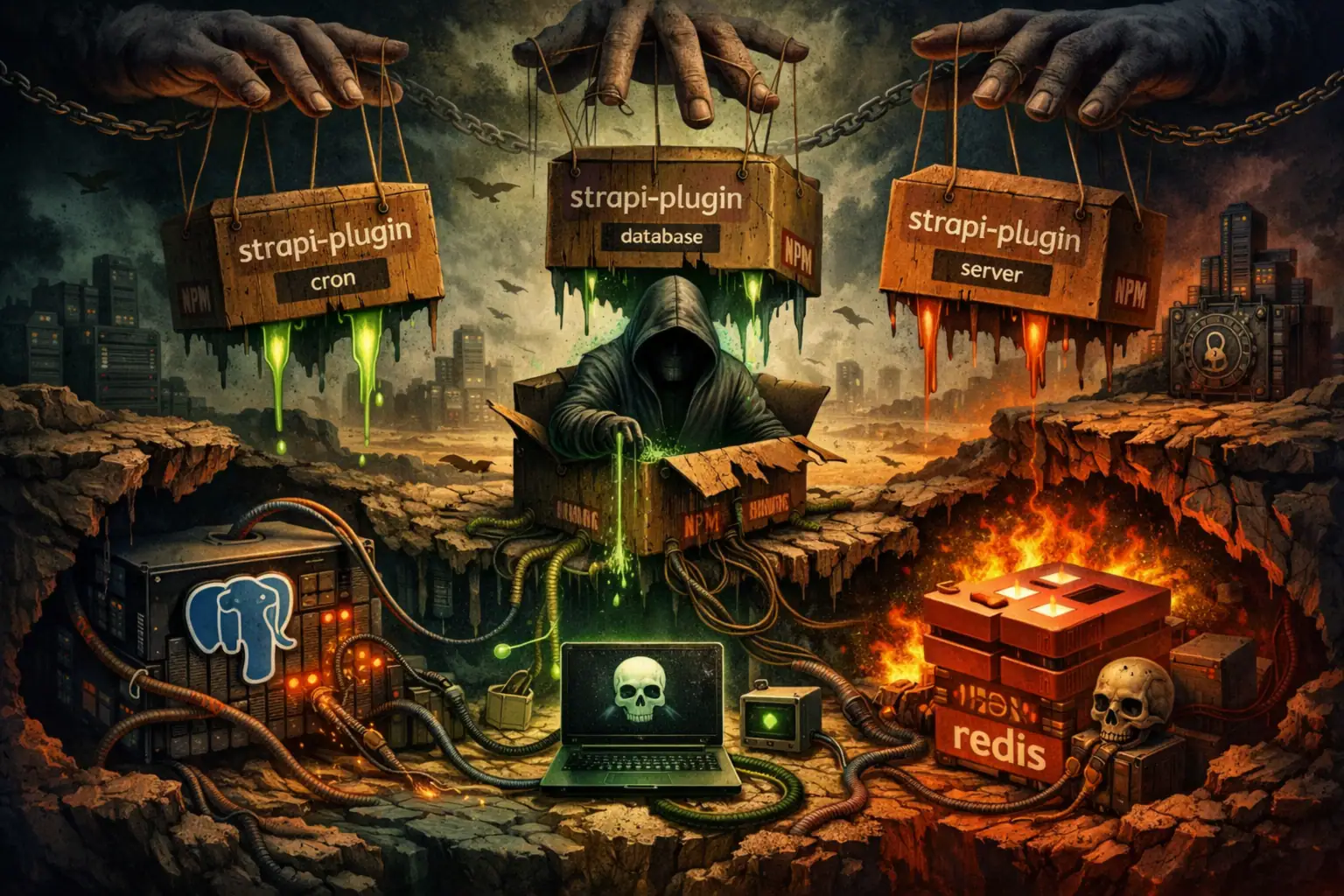 ** Escena oscura con un hacker y cajas que simbolizan plugins en un entorno tecnológico.