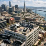 Rooftop scene featuring OpenAI signage amidst San Francisco's skyline.