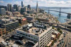 Rooftop scene featuring OpenAI signage amidst San Francisco's skyline.
