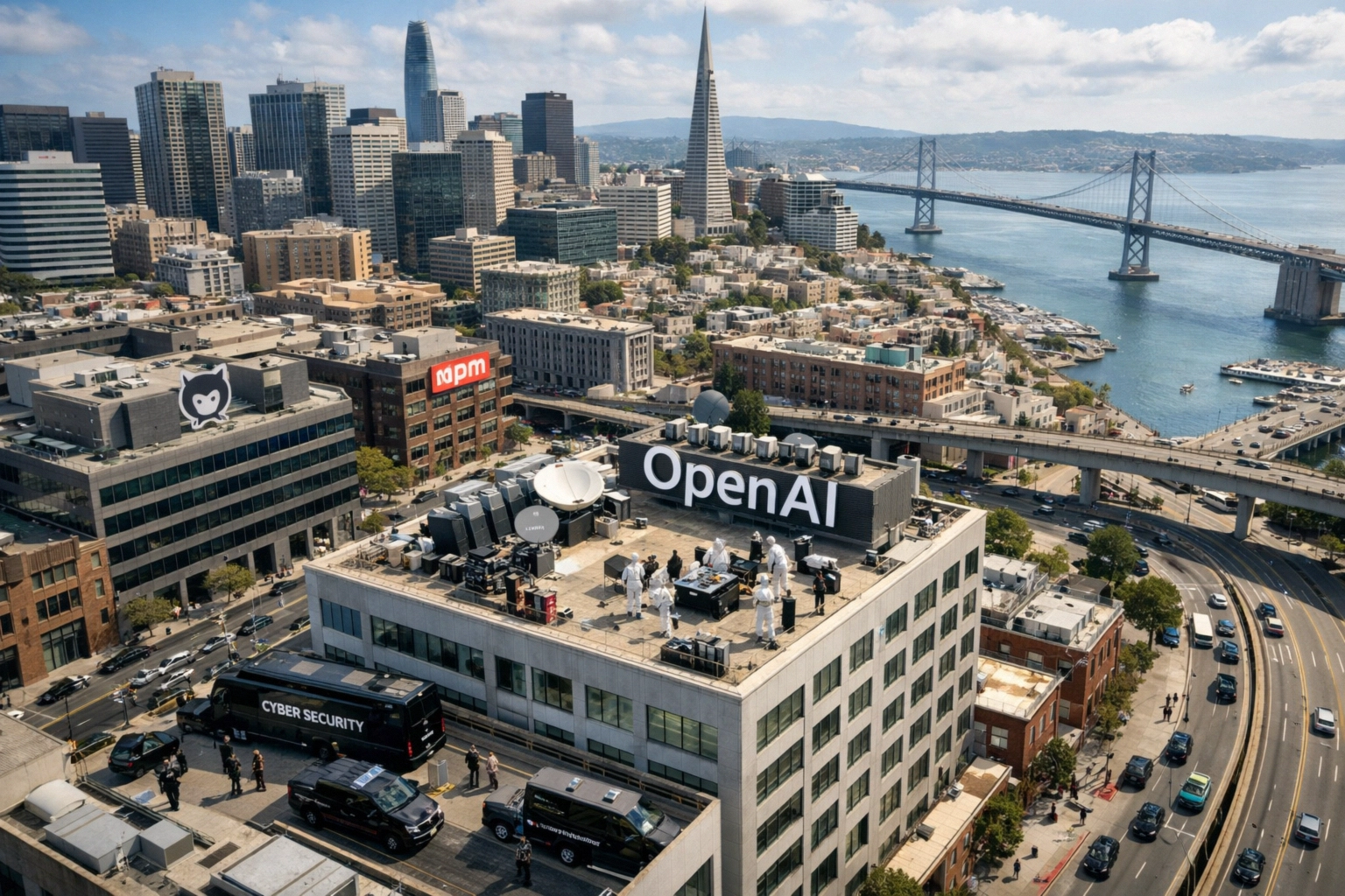Rooftop scene featuring OpenAI signage amidst San Francisco's skyline.