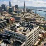 Vista aérea de edificios en San Francisco con el logo de OpenAI en el techo.