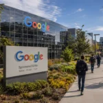 Google headquarters exterior with people walking by and lush landscaping.