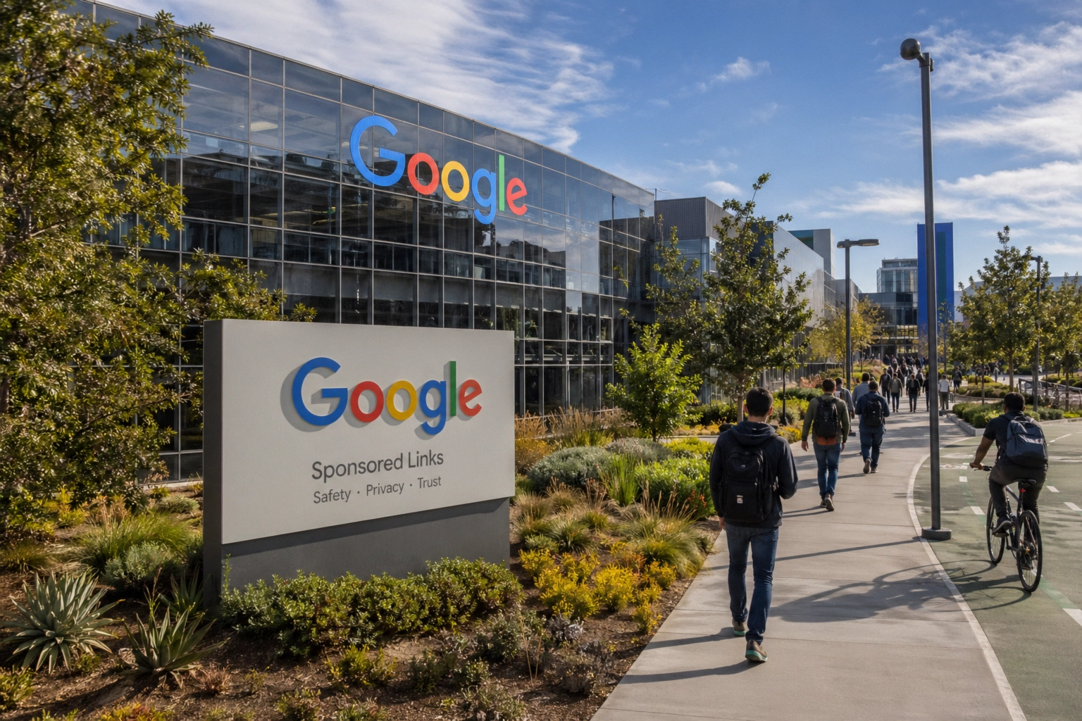 Google headquarters exterior with people walking by and lush landscaping.