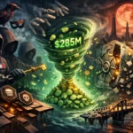 Dark, surreal artwork depicting a tornado of money and hidden threats.