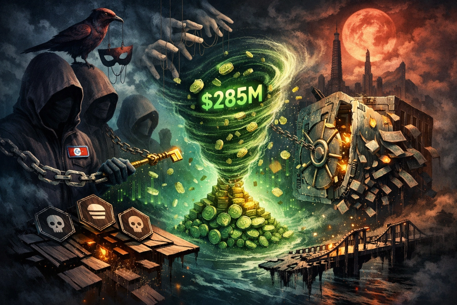 Dark, surreal artwork depicting a tornado of money and hidden threats.
