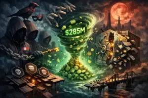 Зловісна сцена з криптовалютою та символами злочинності.