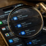 Close-up of a smartphone showing Signal app messages under a magnifying glass.