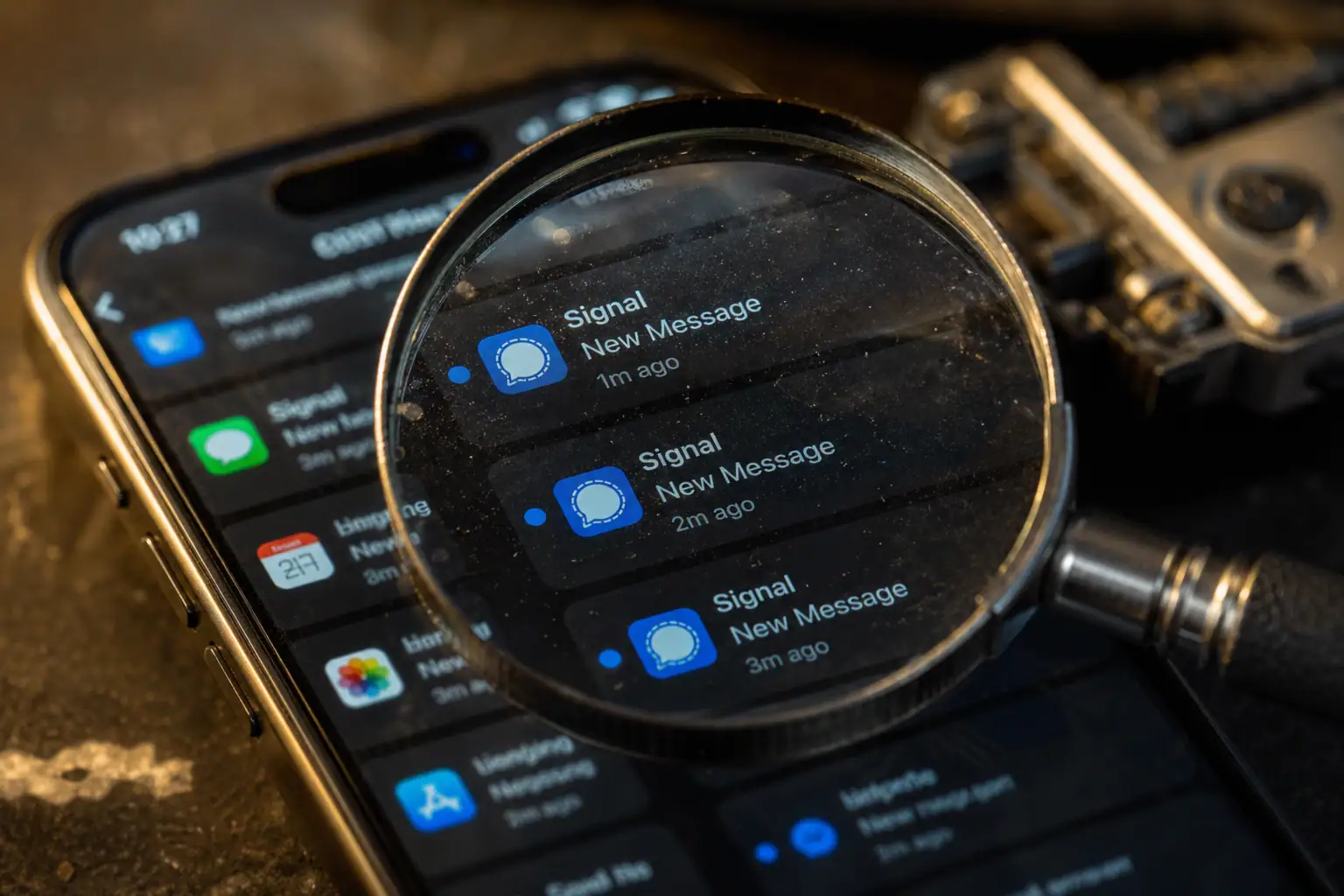 Pantalla de smartphone mostrando notificaciones de Signal bajo una lupa.