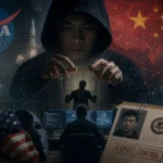 Hombre en sudadera dirige figuras en una escena tecnológica de espionaje.