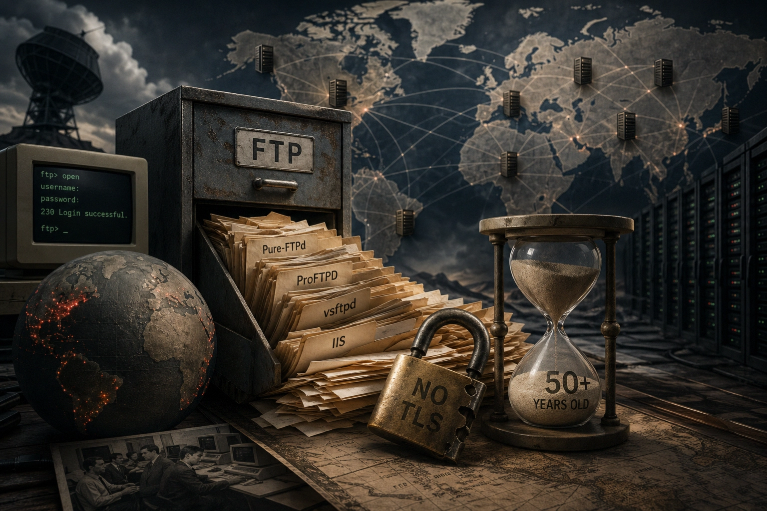 Vintage FTP server setup with globe, files, padlock, and hourglass on a map background.