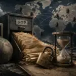 Архив систем FTP с глобусом и песочными часами на фоне карты.