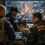Multi-agency team reviewing intelligence data on large screens in a command center.