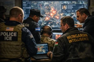 Multi-agency team reviewing intelligence data on large screens in a command center.