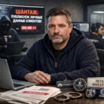 Man in a hoodie focused on a desk with monitors and investigative items around him.