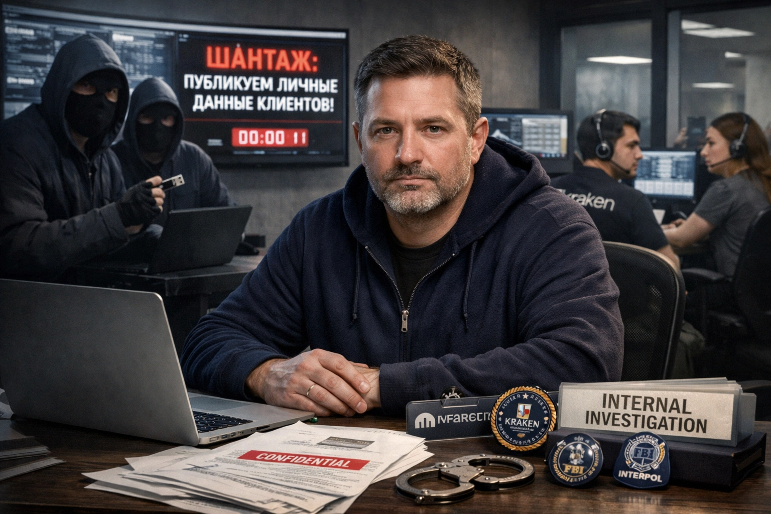 Man in a hoodie focused on a desk with monitors and investigative items around him.