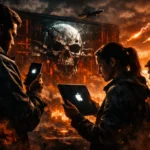 Three individuals engaged with sleek devices in a dark, dystopian setting.