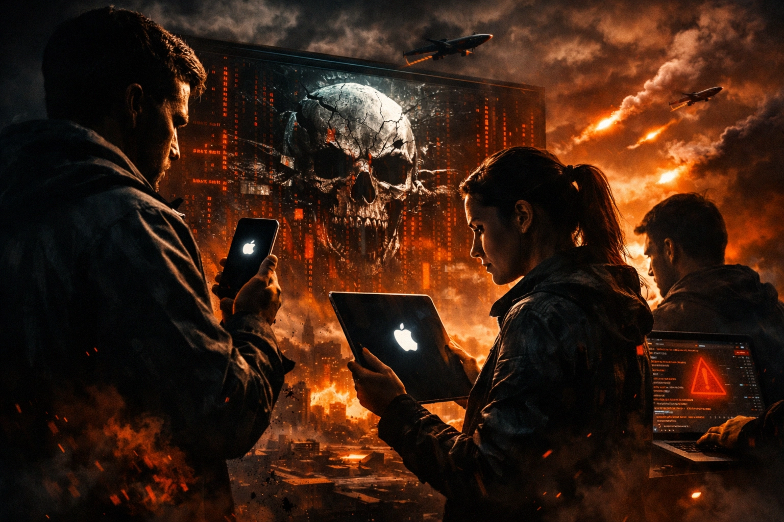 Three individuals engaged with sleek devices in a dark, dystopian setting.