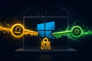 Grauer Laptop mit gelben und grünen Schlüsseln und einem gesperrten Symbol.