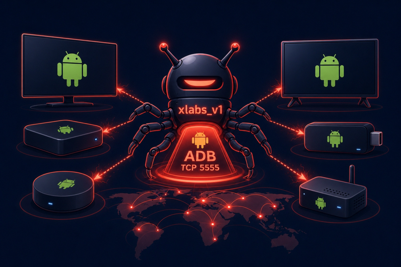 Botnet representation targeting Android ADB through connected devices.