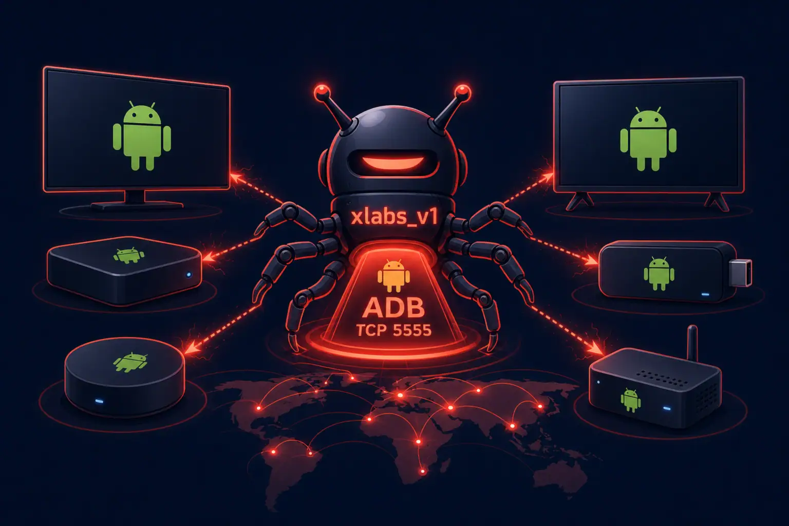 Botnet 'xlabs_v1' conecta múltiples dispositivos Android a través de ADB.