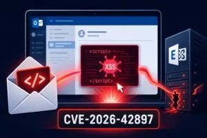 Illustration depicting an XSS attack on Exchange Server with related elements.