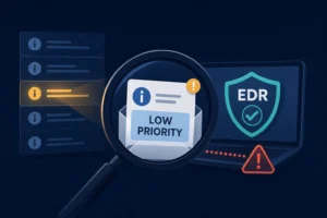 Magnifying glass focusing on a low-priority alert with EDR shield graphic.