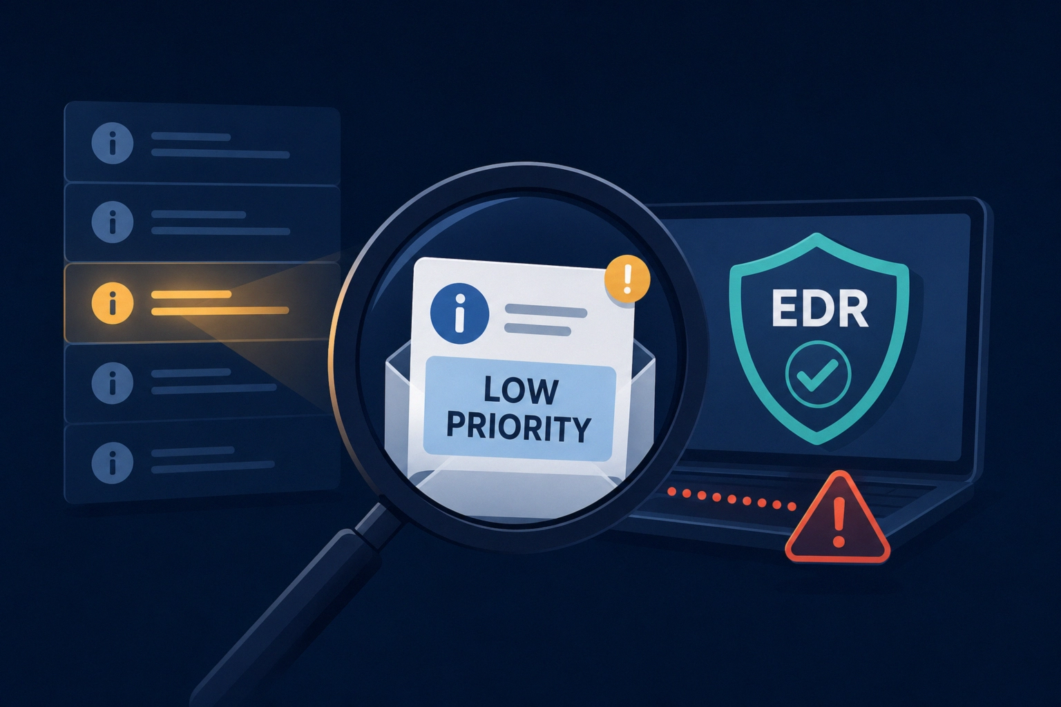Magnifying glass focusing on a low-priority alert with EDR shield graphic.