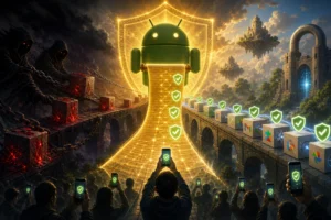 Android figure surrounded by digital security elements, with people holding phones.