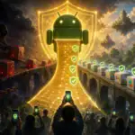 Фигура Android с защитным щитом демонстрирует цифровую безопасность.