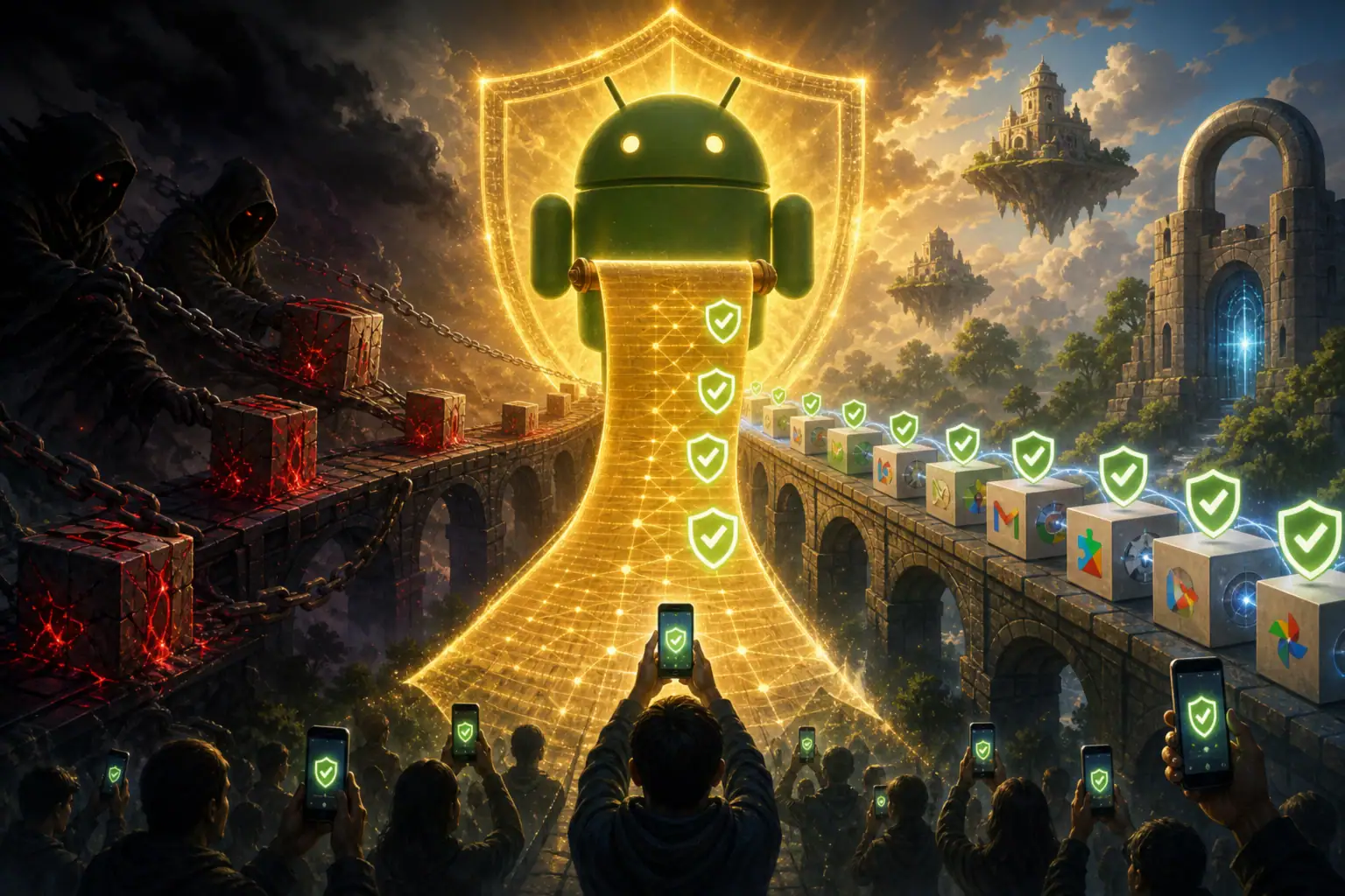 Фигура Android с защитным щитом демонстрирует цифровую безопасность.
