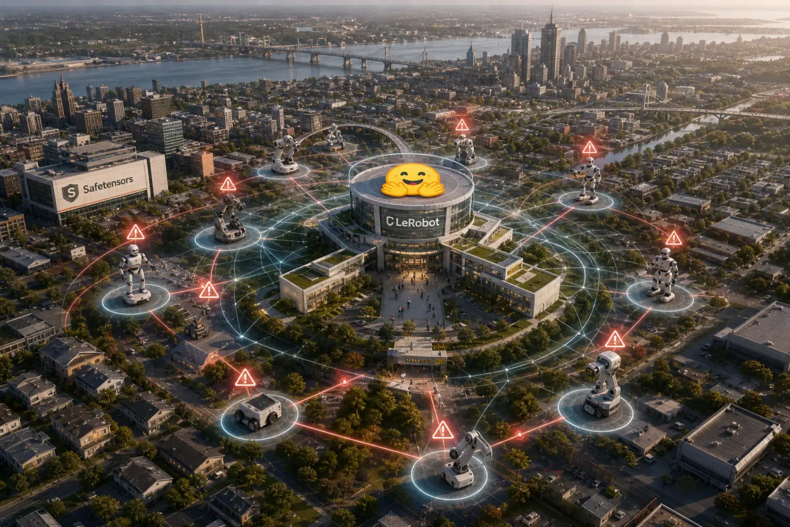 Aerial view of a high-tech cityscape featuring multiple robots and a central hub.