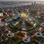 Redes de robots y alertas en un entorno urbano futurista.
