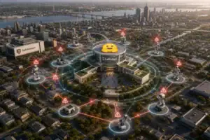 Roboter umgeben ein futuristisches Gebäude in einer modernen Stadtlandschaft.