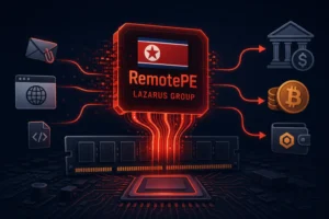 RemotePE Lazarus Group graphic with connections to various digital threats.