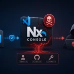 Nx Console logo connected to security symbols and a hacker figure.