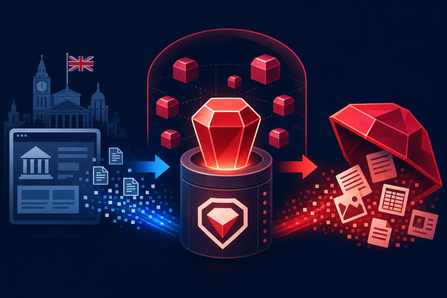 Схематичне зображення, що ілюструє передачу даних через RubyGems.