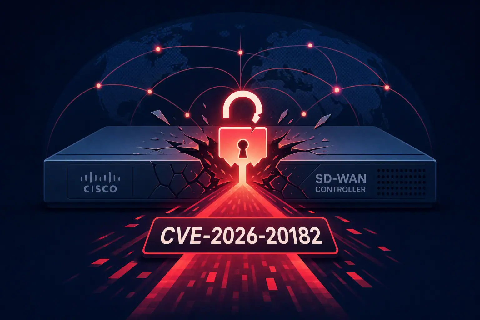 Cisco SD-WAN контролер з відкритим замком і позначкою CVE-2026-20182.