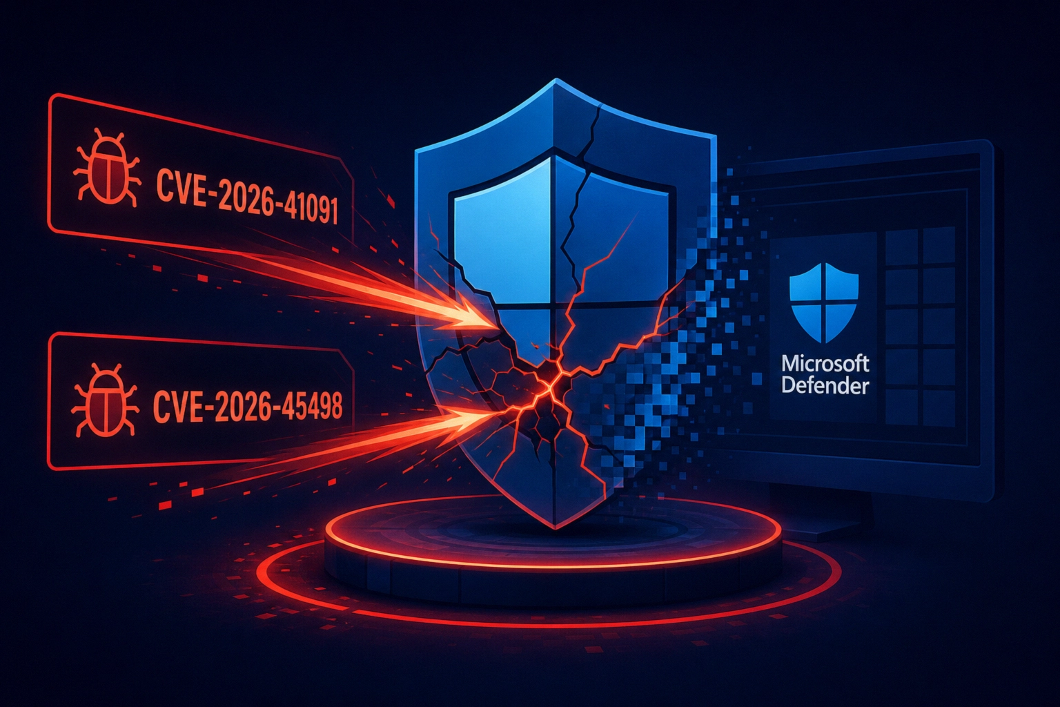Microsoft Defender shield being compromised by CVE-2026-41091 and -45498.