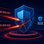 Щит Microsoft Defender с трещинами и указанием уязвимостей CVE-2026-41091 и -45498.