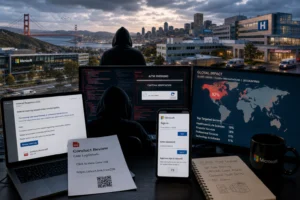 Hacker at a desk with screens showing cybersecurity threats and San Francisco skyline.