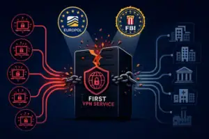 Визуализация отключения первой VPN службы с логотипами Europol и FBI.